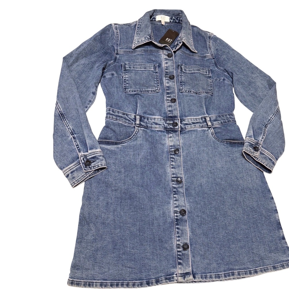 KUT from the Kloth Arlington Stretch Denim Button Down A-Line Dress Wash M NWT